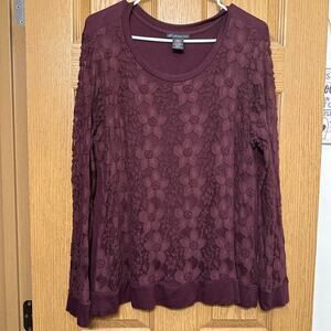 ADRIANNA PAPELL Womans Long Sleeve Lace Overlay Blouse Wine Large Casual